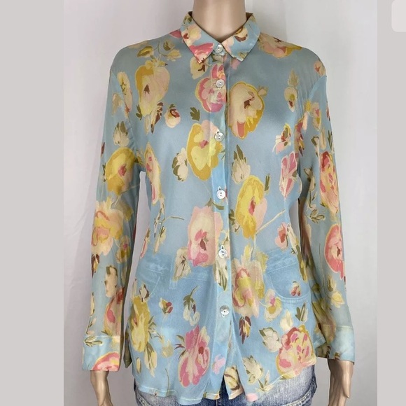 Vintage In Harmony Button Down Floral Sheer Blouse - Picture 1 of 7